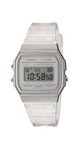 Reloj Casio F-91WS-7EF unisex, con crono, alarma y calendario automático. Caja de resina plateada con brillantina y correa traslúcida incolora. Garantía de 2 años.