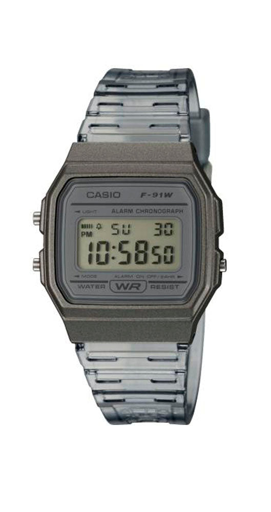 Reloj Casio Collection F-91WS-8EF, unisex, el de siempre, actualizado con una correa transparente de resina en color gris, con crono, alarma y calendario.