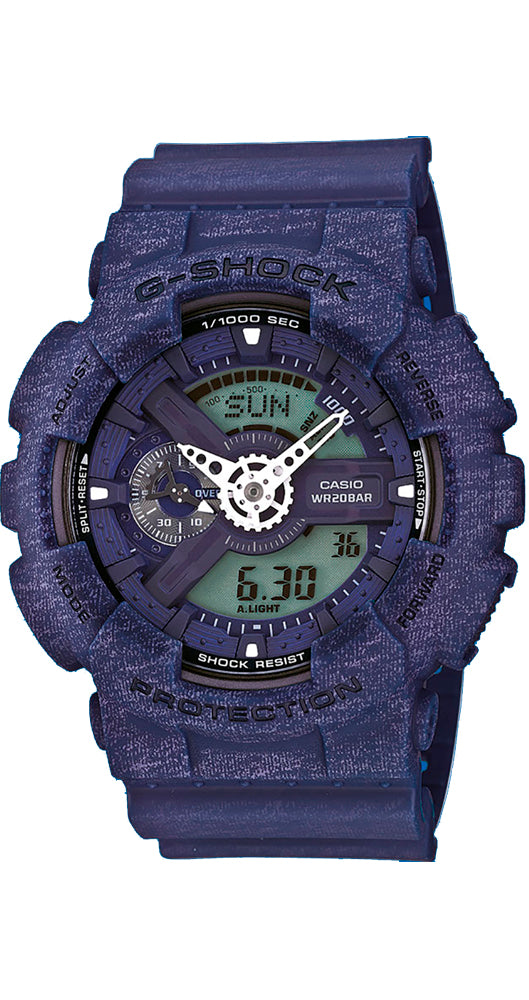 Reloj Casio G-SHOCK GA-110HT-2AER para hombre, a prueba de golpes, antimagnético, crono-alarma, cuenta atrás, sumergible, con calendario, indicador de velocidad y correa de resina simulando JEANS