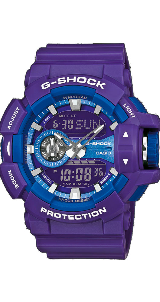 Reloj Casio G-SHOCK GA-400A-6AER en color violeta, a prueba de golpes, con crono, alarma, cuenta atrás, rueda de desplazamiento y sumergible