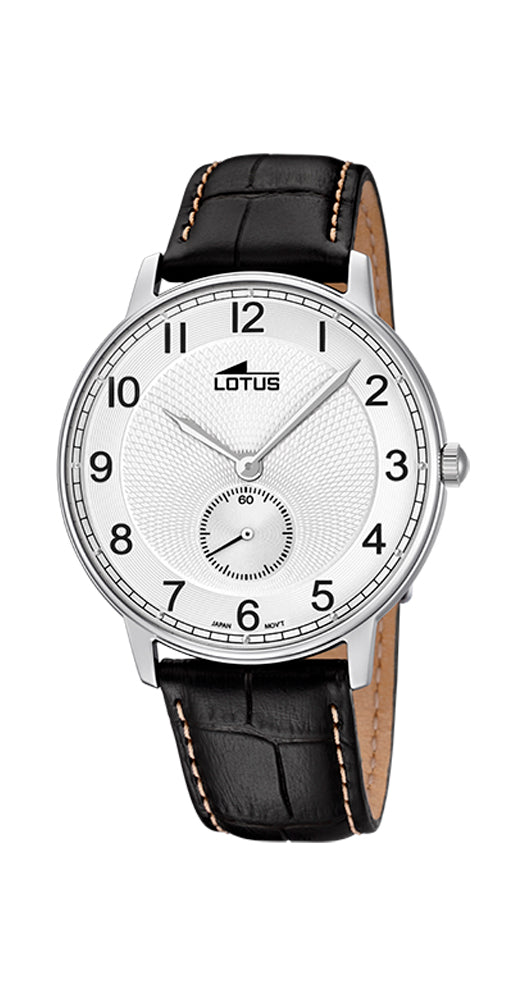 Reloj Lotus L10134/A para caballero con caja de acero inoxidable y correa de piel labrada negra con pespuntes blancos. Garantía de 2 años.