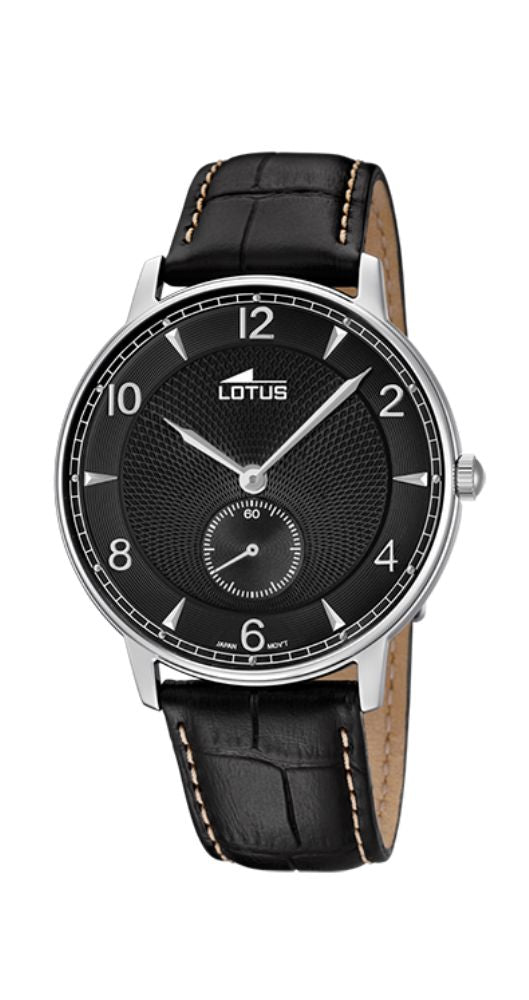 Reloj Lotus L10134/C para hombre con esfera negra. Caja de acero inoxidable y correa de piel negra con pespuntes en blanco. Garantía de 2 años.
