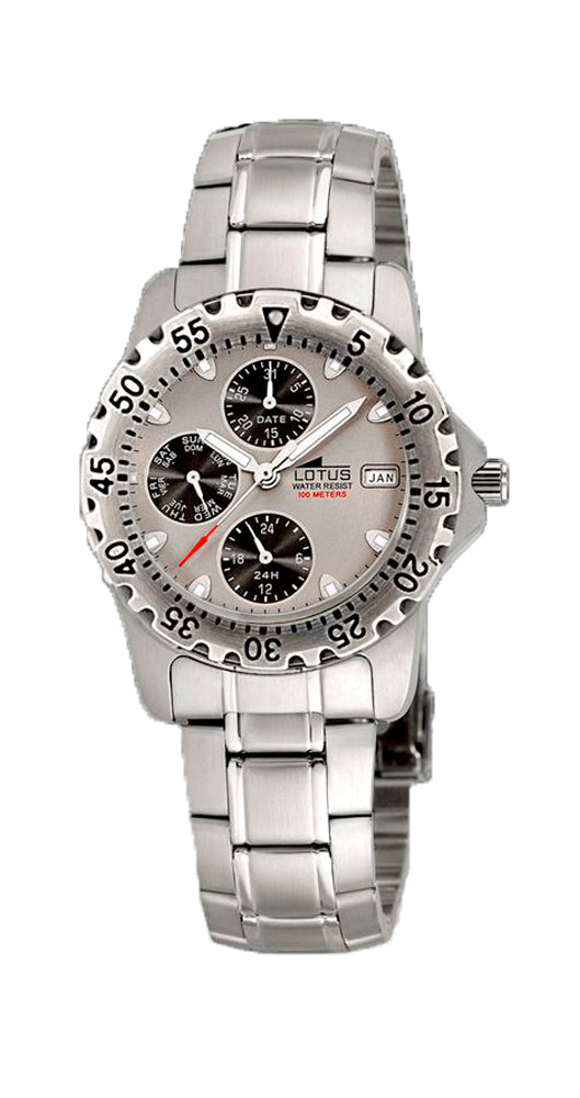Reloj Lotus L15009/U tamaño cadete, esfera gris, MULTIFUNCIÓN con el día del mes, semana y reloj 24 horas y sumergible