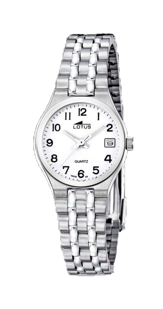 Reloj Lotus L15032/2 para mujer, clásico y sencillo, con esfera blanca, calendario, cadena de acero inox, sumergible y garantía de 2 años