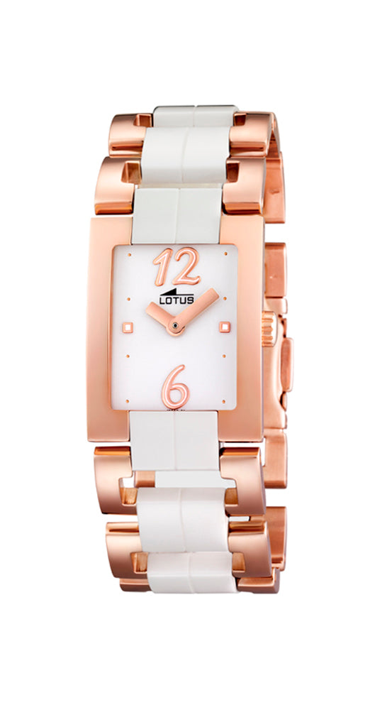 Reloj Lotus L15596/1 para mujer de PVD cobrizo y cerámica irrayable blanca. Garantía 2 años.
