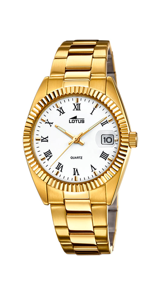 Reloj Lotus L15799/1 para hombre, de acero inoxidable CHAPADO, con calendario, sumergible 100 metros y garantía de 2 años.