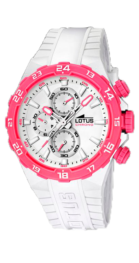 Reloj Lotus L15800/6 con crono para mujer en blanco y rosa, de caucho y resina, sumergible y garantía de 2 años