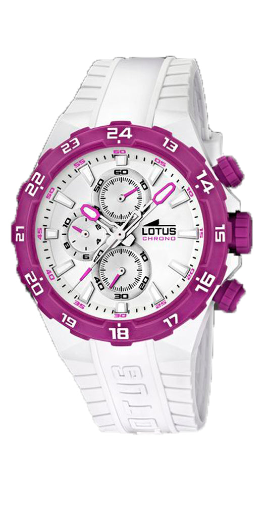 Reloj Lotus L15800/8 para mujer, en blanco y violeta, con crono, sumergible 100 metros, de caucho y resina y garantía de 2 años.