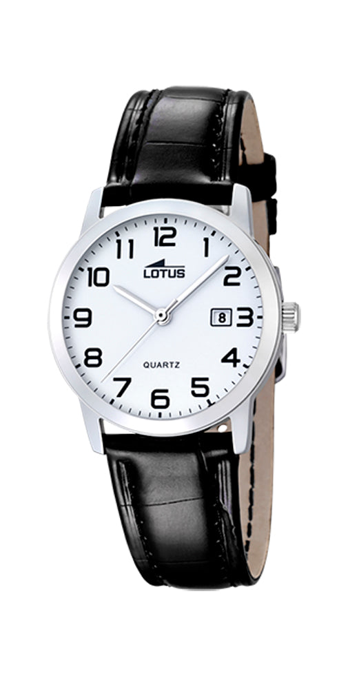 Reloj Lotus L18240/1 tamaño cadete con esfera blanca y números en negro. Caja de acero inoxidable y correa de piel negra. Calendario. Sumergible 50 metros. Garantía de 2 años.