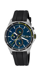Reloj Lotus L18321/2 para hombre, con MULTIFUNCIÓN para el día del mes, día de la semana y reloj 24 horas. También mes en curso. Esfera azul con detalles en amarillo. Caja de acero inox y correa de cuacho negra.