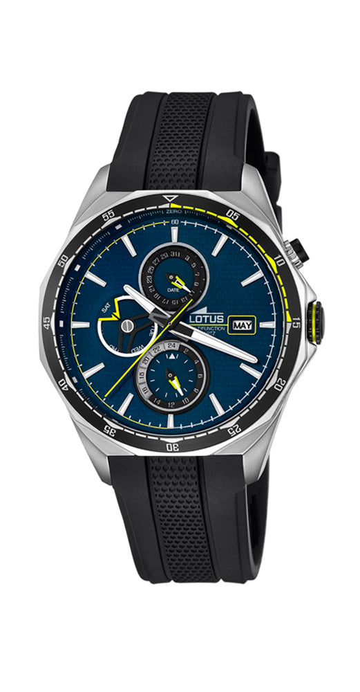 Reloj Lotus L18321/2 para hombre, con MULTIFUNCIÓN para el día del mes, día de la semana y reloj 24 horas. También mes en curso. Esfera azul con detalles en amarillo. Caja de acero inox y correa de cuacho negra.