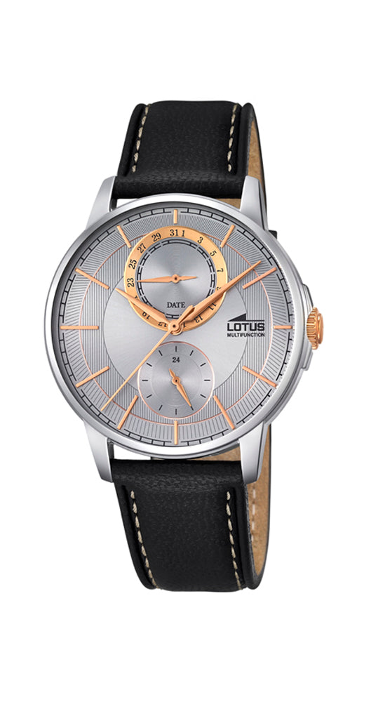 Reloj Lotus L18323/1, para caballero, con un aire clásico y elegante. Analógico. Maquinaria de cuarzo. Cristal mineral. Caja y fondo de acero inox. Correa de piel negra con pespuntes blancos. Esfera plateada y detalles en cobrizo. Multifunción, con el día del mes y reloj 24 horas. Sumergible 50 metros. Garantía 2 años.