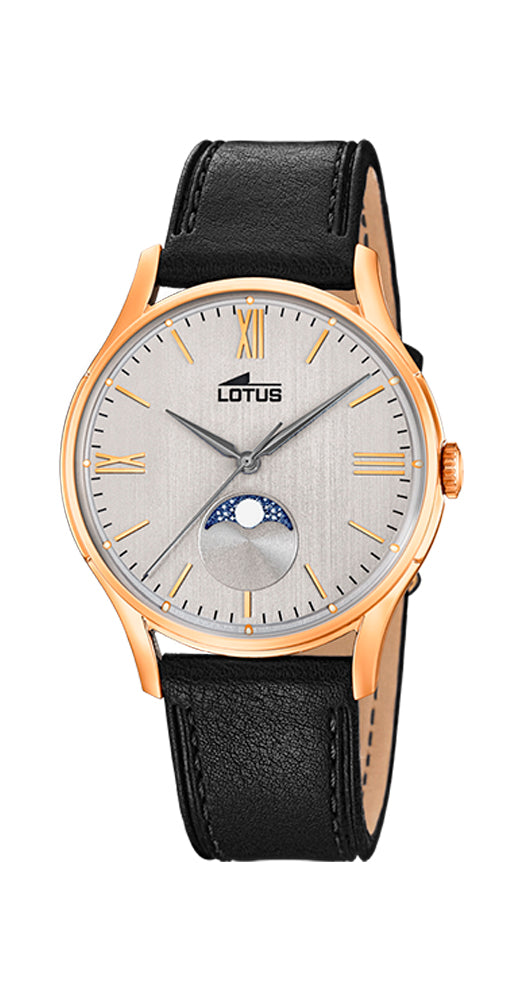 Reloj Lotus L18428/1 para hombre, estilo VINTAGE, con esfera gris claro y detalles en cobrizo. Fase lunar. Cristal mineral bombé. Caja de acero inox pavonado COBRIZO. Sumergible 50 metros. Garantía 2 años.