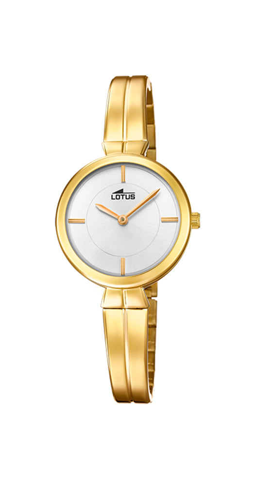Reloj Lotus L18440/1 para mujer con esfera blanca e índices dorados. Caja y armis de PVD dorado. Sumergible 50 metros. Garantía de 2 años.