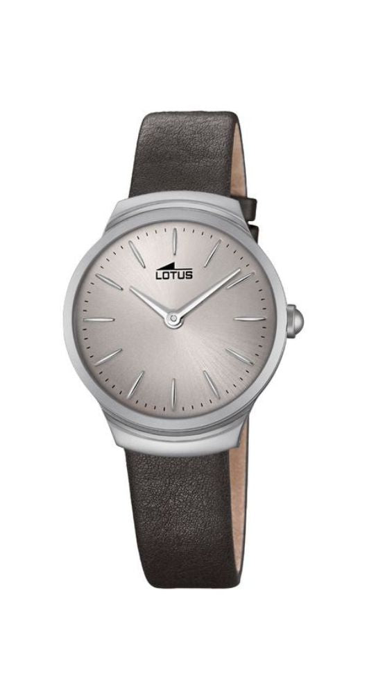 Reloj Lotus L18502/1 para mujer con esfera gris y caja de acero inox acabado mate. Correa de piel negra lisa. Sumergible 50 metros. Garantía de 2 años.