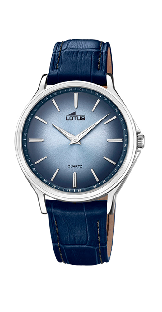 Reloj Lotus L18516/2 para hombre, estilo VINTAGE, con esfera azul marino degradé. Caja de acero inoxidable y correa de piel azul marino. Sumergible 50 metros. Garantía de 2 años.