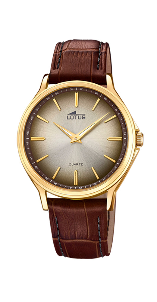 Reloj Lotus L18517/2 para hombre, estilo VINTAGE, con esfera marrón degradé. Caja de acero inox chapada y correa de piel marrón. Sumergible 50 metros. Garantía de 2 años.