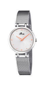Reloj Lotus L18545/3 para mujer con caja y armis tipo malla milanesa de acero inox. Cierre regulable. Esfera blanca con detalles en cobrizo. Sumergible 50 metros. Garantía de 2 años.
