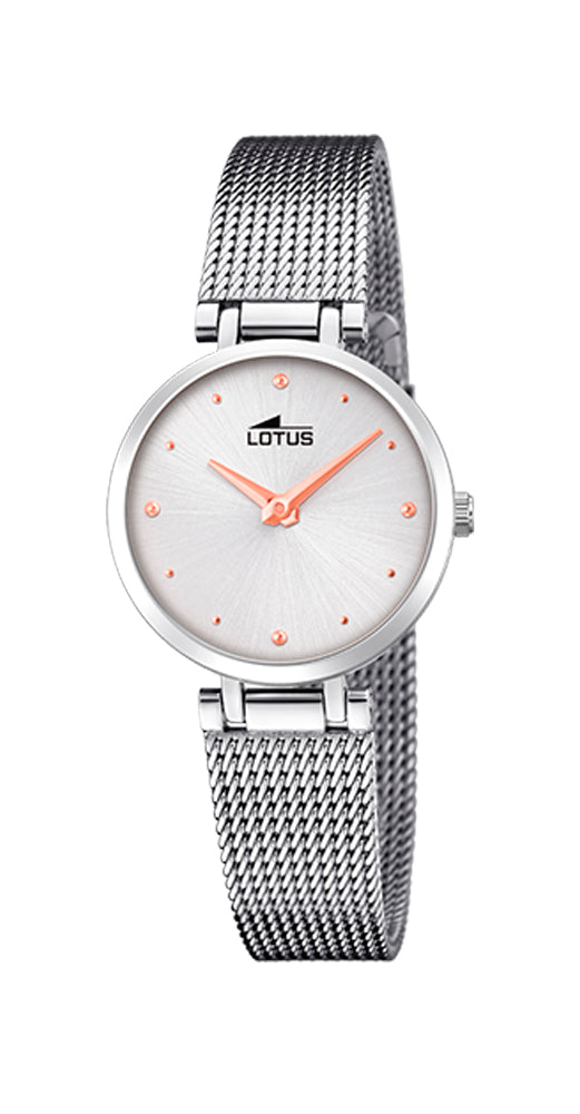 Reloj Lotus L18545/3 para mujer con caja y armis tipo malla milanesa de acero inox. Cierre regulable. Esfera blanca con detalles en cobrizo. Sumergible 50 metros. Garantía de 2 años.