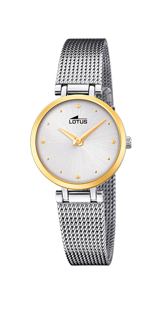 Reloj Lotus L18546/2 para mujer, BICOLOR, con caja y armis de tipo malla milanesa de acero inox. Cierre regulable. Esfera blanca con detalles en dorado. Bisel dorado. Sumergible 50 metros. Garantía de 2 años.