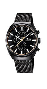 Reloj Lotus L18567/B para hombre, con crono. Caja y armis de acero inoxidable pavonado negro. Cierre regulable. Cadena tipo malla milanesa. Sumergible 50 metros. Garantía de 2 años.