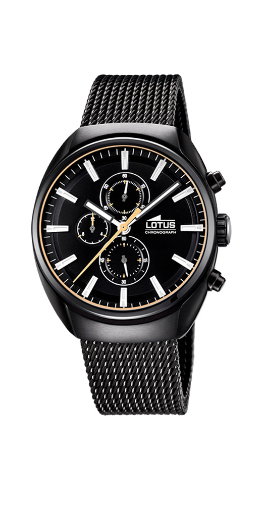 Reloj Lotus L18567/B para hombre, con crono. Caja y armis de acero inoxidable pavonado negro. Cierre regulable. Cadena tipo malla milanesa. Sumergible 50 metros. Garantía de 2 años.