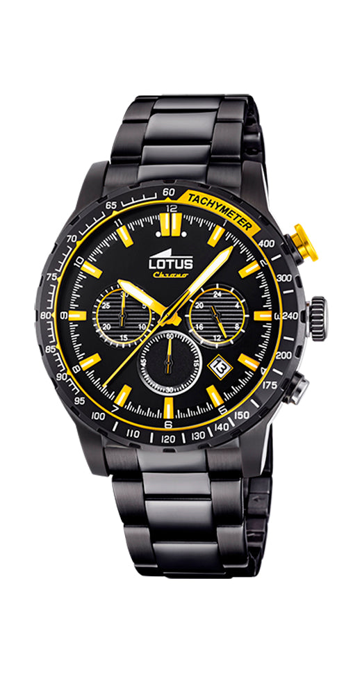 Reloj L18588/A para hombre con caja y armis de PVD negro. Esfera negra con detalles en amarillo. Pulsador amarillo. Crono. Calendario. Sumergible 50 metros. Garantía de 2 años.