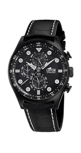 Reloj Lotus L18593/F para hombre, crono con correa de piel negra y pespunte blanco. Caja de acero pavonado negro. Sumergible 50 metros. Garantía de 2 años.