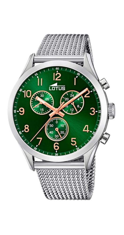 Reloj Lotus L18637/2 para hombre, crono, con esfera verde y detalles cobrizo. Caja y armis tipo malla milanesa de acero inox. Cierre regulable. Sumergible 50 metros. Garantía de 2 años.