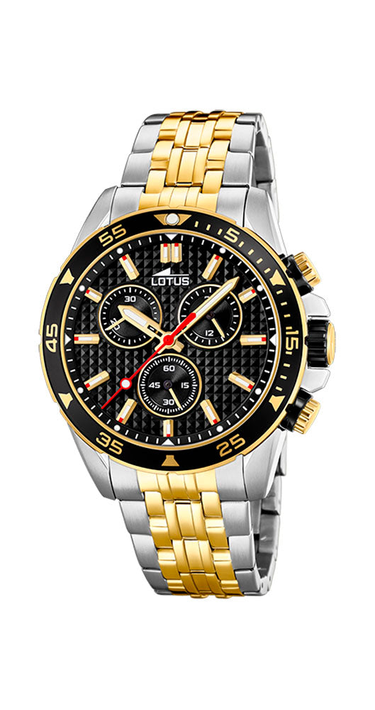 Reloj Lotus L18651/4 para caballero, bicolor, con esfera y bisel negro con detalles dorados. Cronómetro. Sumergible 50 metros. Garantía de 2 años.