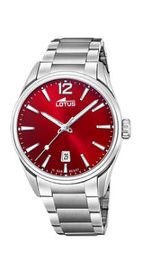 Reloj Lotus L18692/5 para hombre, con calendario, sumergible 100 metros, caja y armis de acero inox y esfera roja. Garantía de 2 años.