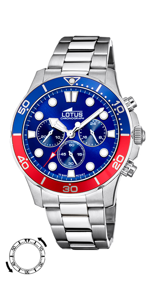 Reloj Lotus L18756/5 para hombre con esfera azul a juego con el bisel azul y rojo. Agujas e índices luminiscentes. Crono. Sumergible 100 metros. Caja y armis de acero inox. Cierre con pulsadores. Garantía de 2 años.