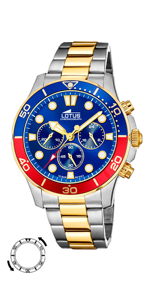 Reloj Lotus L18757/4 bicolor, para hombre con crono. Esfera azul con manillas e índices luminiscentes. Bisel azul y rojo. Sumergible 100 metros. Garantía de 2 años.