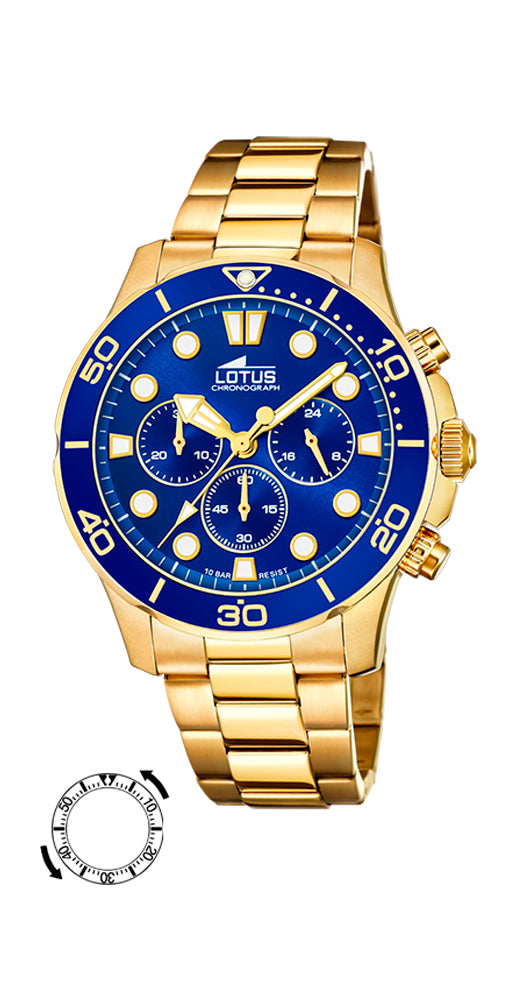 Reloj Lotus L18758/1 CHAPADO para hombre, crono, con esfera azul, manillas e índices luminiscentes con detalles dorados. Caja y armis de acero inox pavonado DORADO. Sumergible 100 metros. Cierre con pulsadores. Garantía de 2 años.