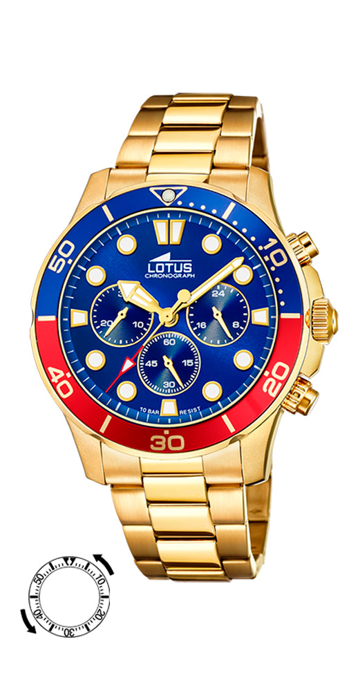 Reloj Lotus L18758/5 para hombre, crono, con esfera azul a juego con el bisel azul y rojo. Caja y armis de PVD dorado. Sumergible 100 metros. Garantía de 2 años.