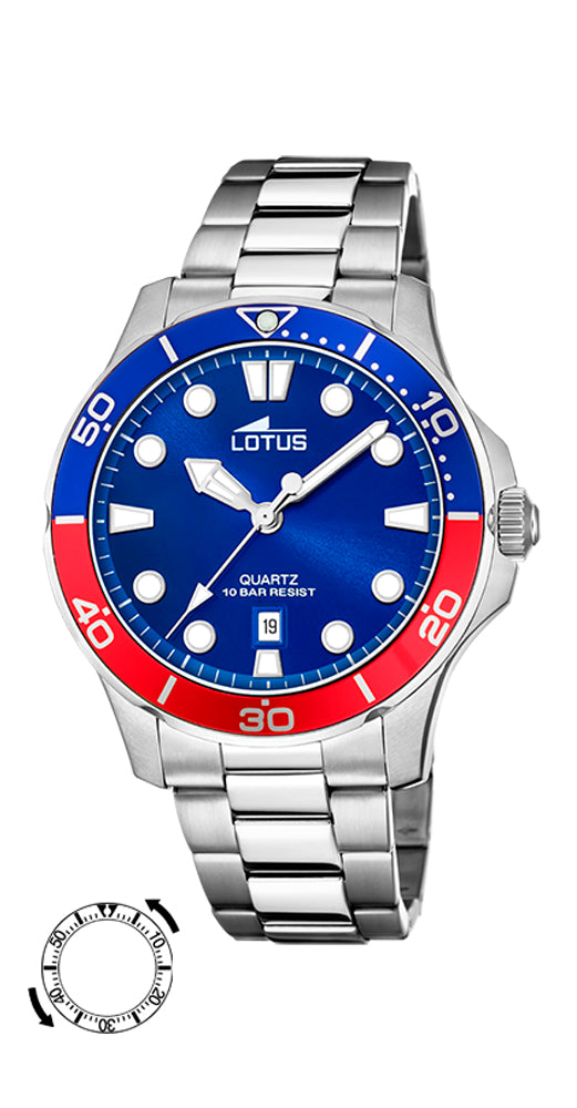Reloj Lotus L18759/5 azul y rojo con calendario, para caballero. Caja y armis de acero inox. Sumergible 100 metros. Garantía de 2 años.