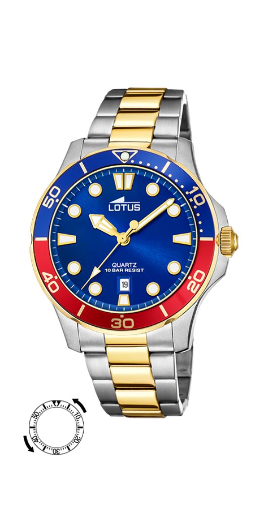 Reloj Lotus L18760/4 para hombre con esfera azul y detalles dorados. Bisel rojo y azul. Caja y armis de acero inox con eslabones DORADOS. Calendario. Sumergibles 100 metros. Garantía de 2 años.