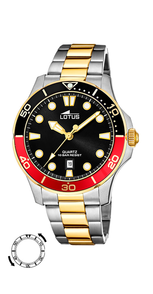 Reloj Lotus L18760/5 para caballero en Bicolor, con caja y armis de acero inoxidable. Esfera negra con manillas e índices luminiscentes. Sumergible 100 metros. Bisel en negro y rojo. Garantía de 2 años.
