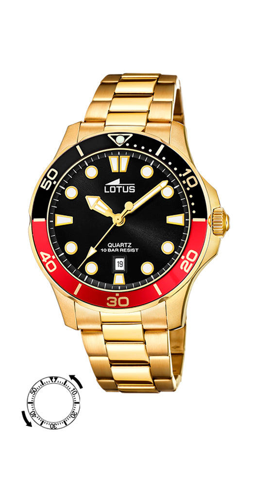 Reloj Lotus L18761/6 para hombre, CHAPADO, de acero inoxidable, esfera negra a juego con el bisel negro y rojo. Sumergible 100  metros. Garantía de 2 años.