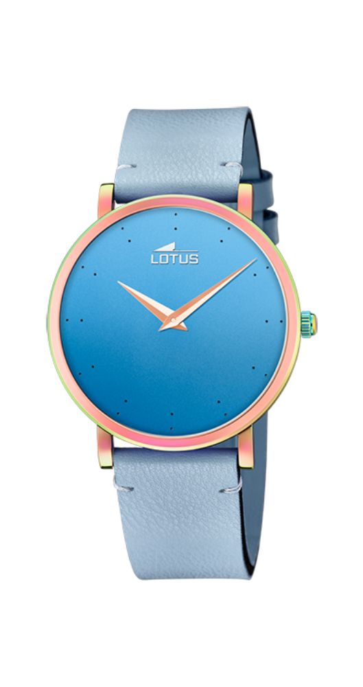 Reloj Lotus L18778/3 Unisex, con esfera azul efecto espejo. Caja de acero inox pavonado en cobrizo y correa de piel lisa azul claro. Garantía de 2 años.