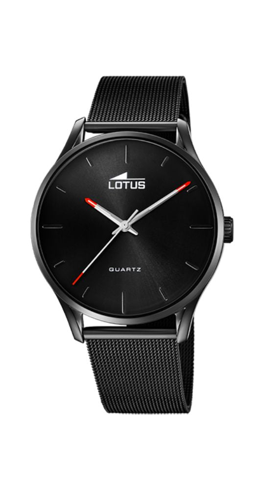 Reloj Lotus L18817/1 para hombre, de PVD negro, esfera negra con agujas en rojo, armis tipo malla milanesa, sumergible 50 metros y garantía de 2 años.