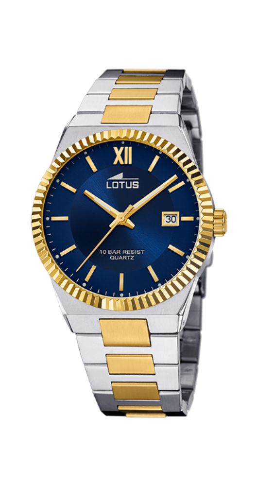 Reloj Lotus L18836/2 BICOLOR para hombre con motivos dorados. Caja y armis de acero inox. Cristal mineral. Esfera azul. Calendario. Sumergible 100 metros. Garantía de 2 años.