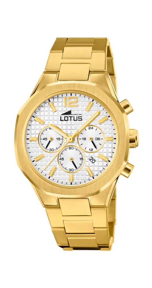 Reloj Lotus L18868/1 para hombre con crono. Esfera blanca con índices dorados. Caja y armis de acero inoxidable pavonado DORADO. Cristal mineral. Cierre con pulsadores. Sumergible 100 metros. Garantía de 2 años.