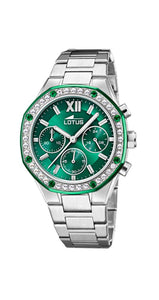 Reloj Lotus L18872/1 para mujer con esfera verde y circonitas blancas y verdes. Crono. Sumergible 100 metros. Caja y armis de acero inox. Cierre con pulsadores. Garantía de 2 años.