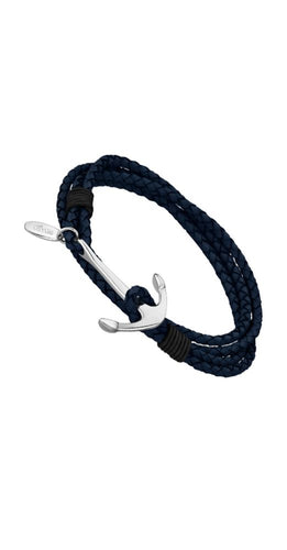 Pulsera Lotus Style LS1831-2/2, unisex, con tres cordones de cuero trenzado en color azul y cierre con forma de ANCLA de acero inoxidable.
