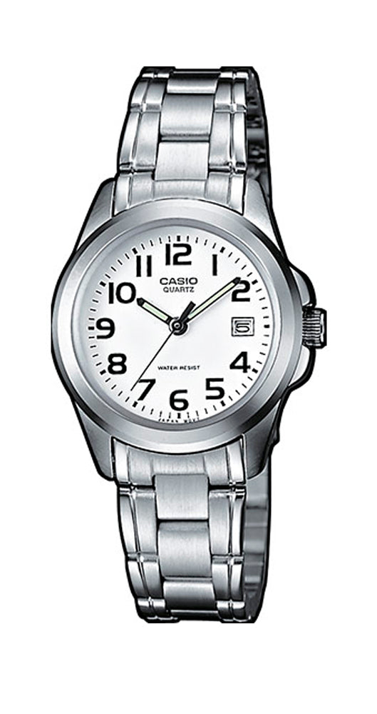 Reloj Casio LTP-1259PD-7BEF para mujer, con esfera blanca con números arábigos negros y calendario