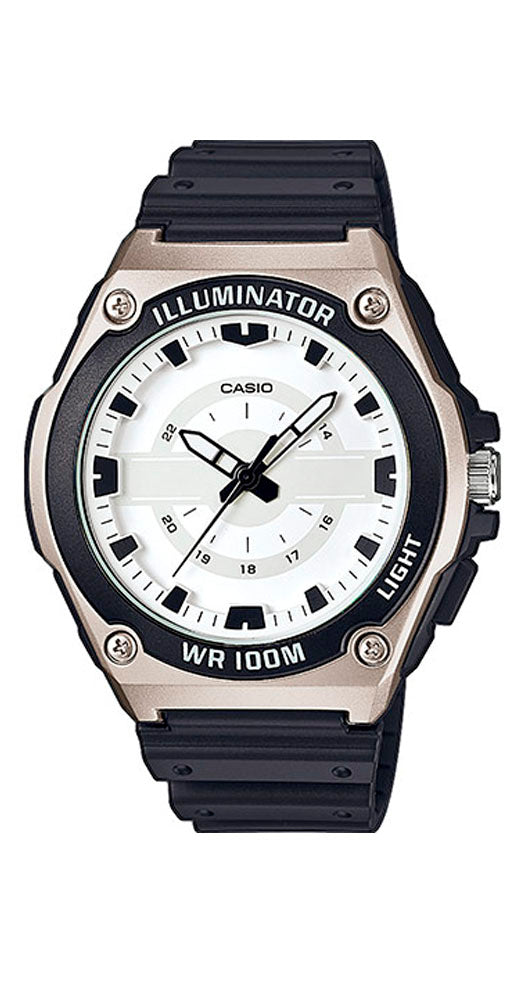 Reloj Casio Collection MWC-100H-7AVEF con luz, todo de resina en color plateado, blanco y negro, sumergible 50 metros y garantía de 2 años.