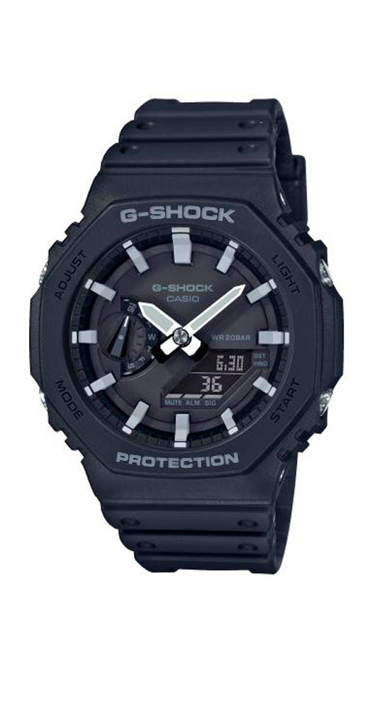 Reloj Casio G-SHOCK GA-2100-1AER a prueba de golpes, con carcasa de fibra de carbono negro, correa de resina negra, crono, alarma, cuenta atrás, hora mundial, sumergible 200 metros y garantía de 2 años.